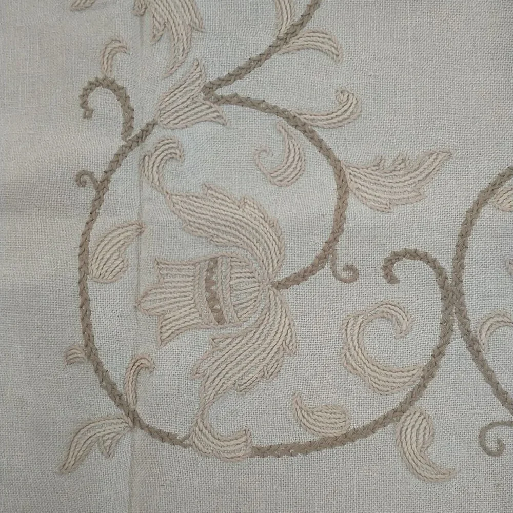 Vtg Large Tablecloth Floral Hand Embroidered White Tan Neutral Rectangle 51x66